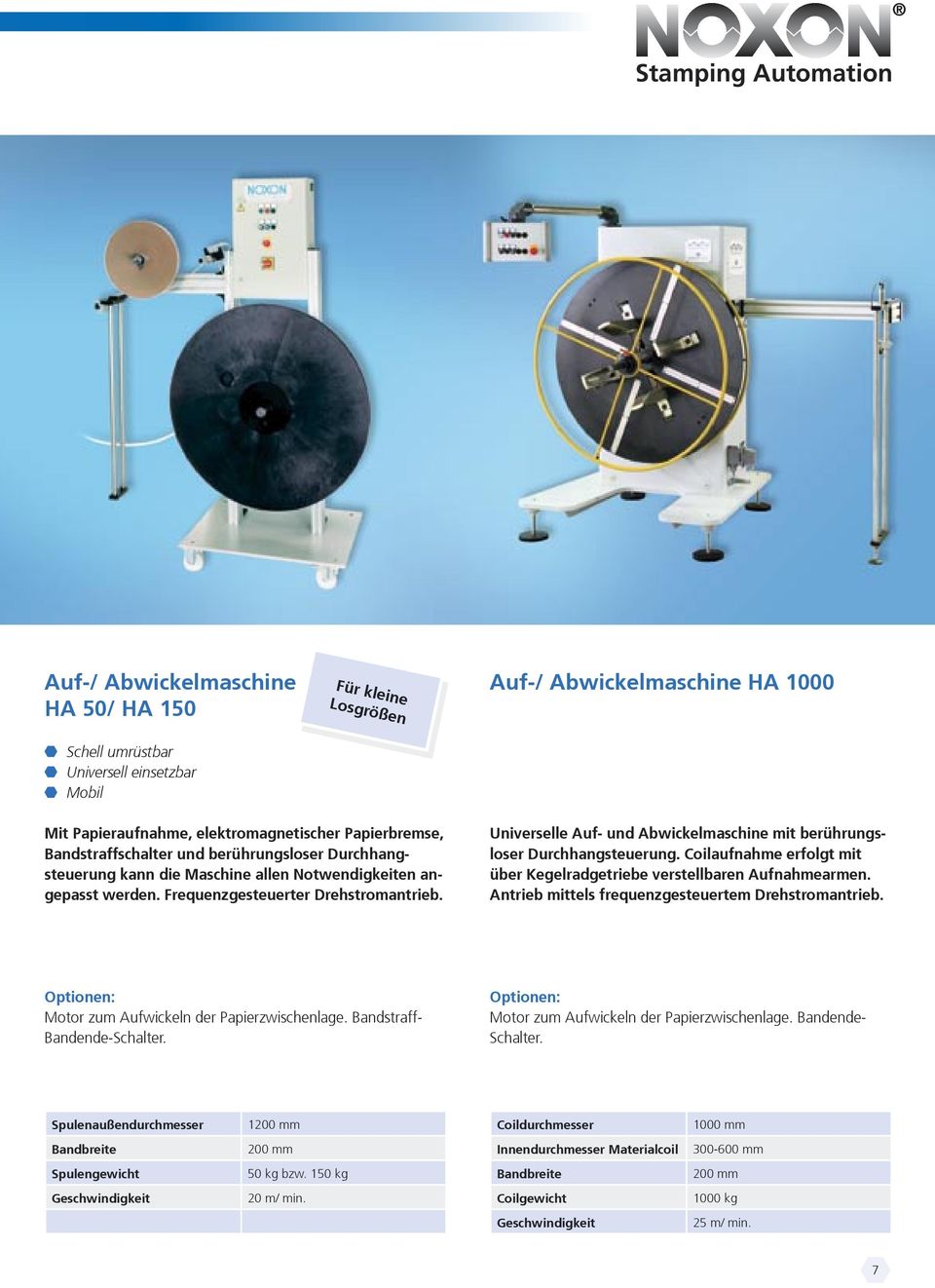 Universelle Auf- und Abwickelmaschine mit berührungsloser Durchhangsteuerung. Coilaufnahme erfolgt mit über Kegelradgetriebe verstellbaren Aufnahmearmen.