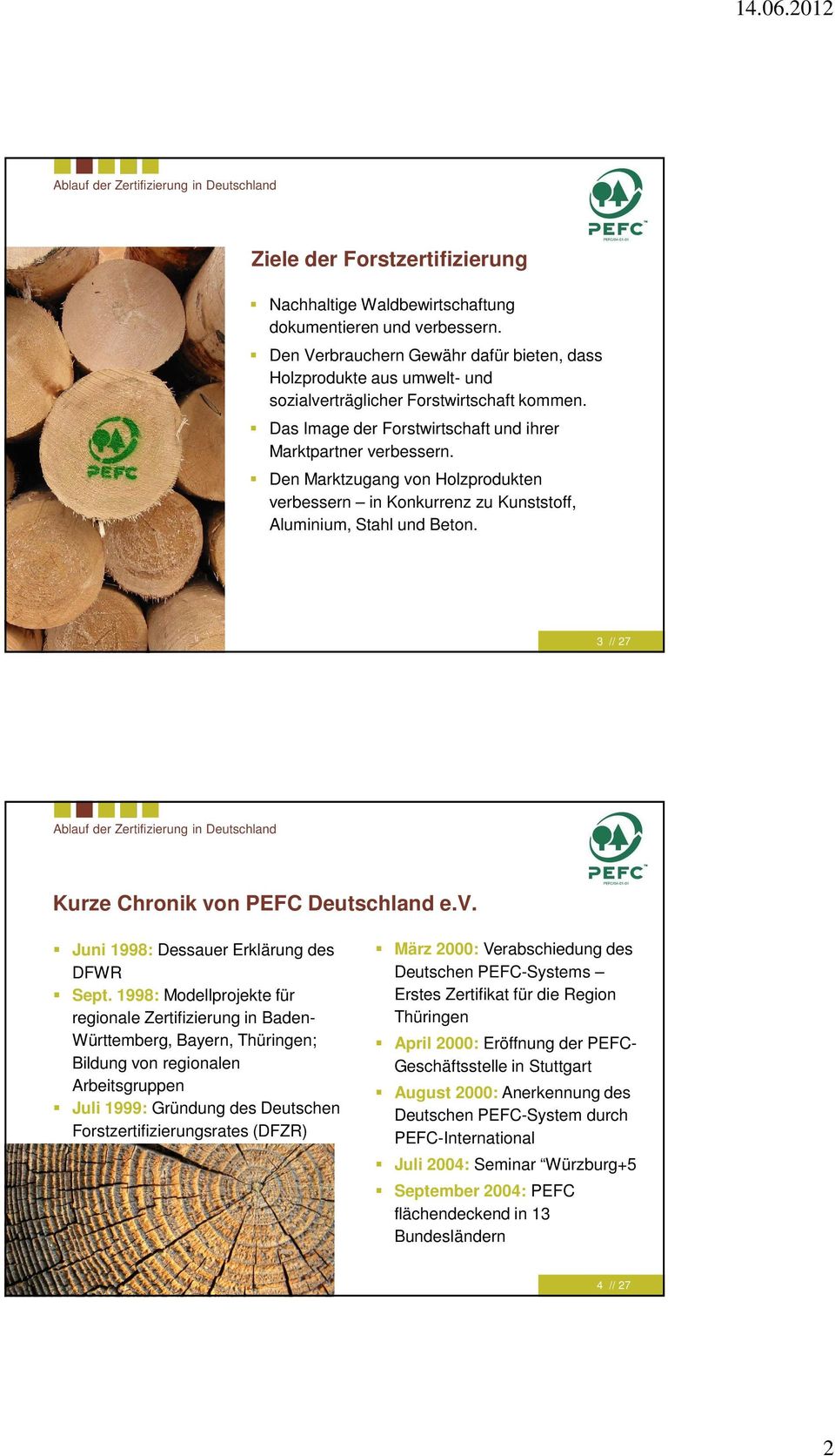 Den Marktzugang von Holzprodukten verbessern in Konkurrenz zu Kunststoff, Aluminium, Stahl und Beton. 3 // 27 Kurze Chronik von PEFC Deutschland e.v. Juni 1998: Dessauer Erklärung des DFWR Sept.