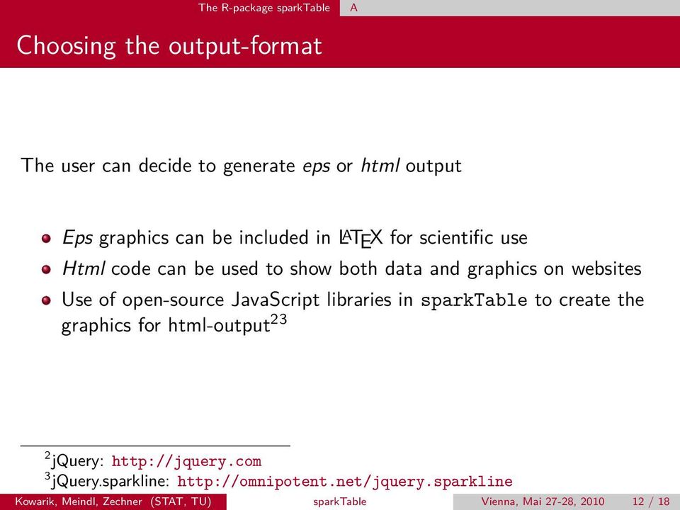 open-source JavaScript libraries in sparktable to create the graphics for html-output 23 2 jquery: http://jquery.