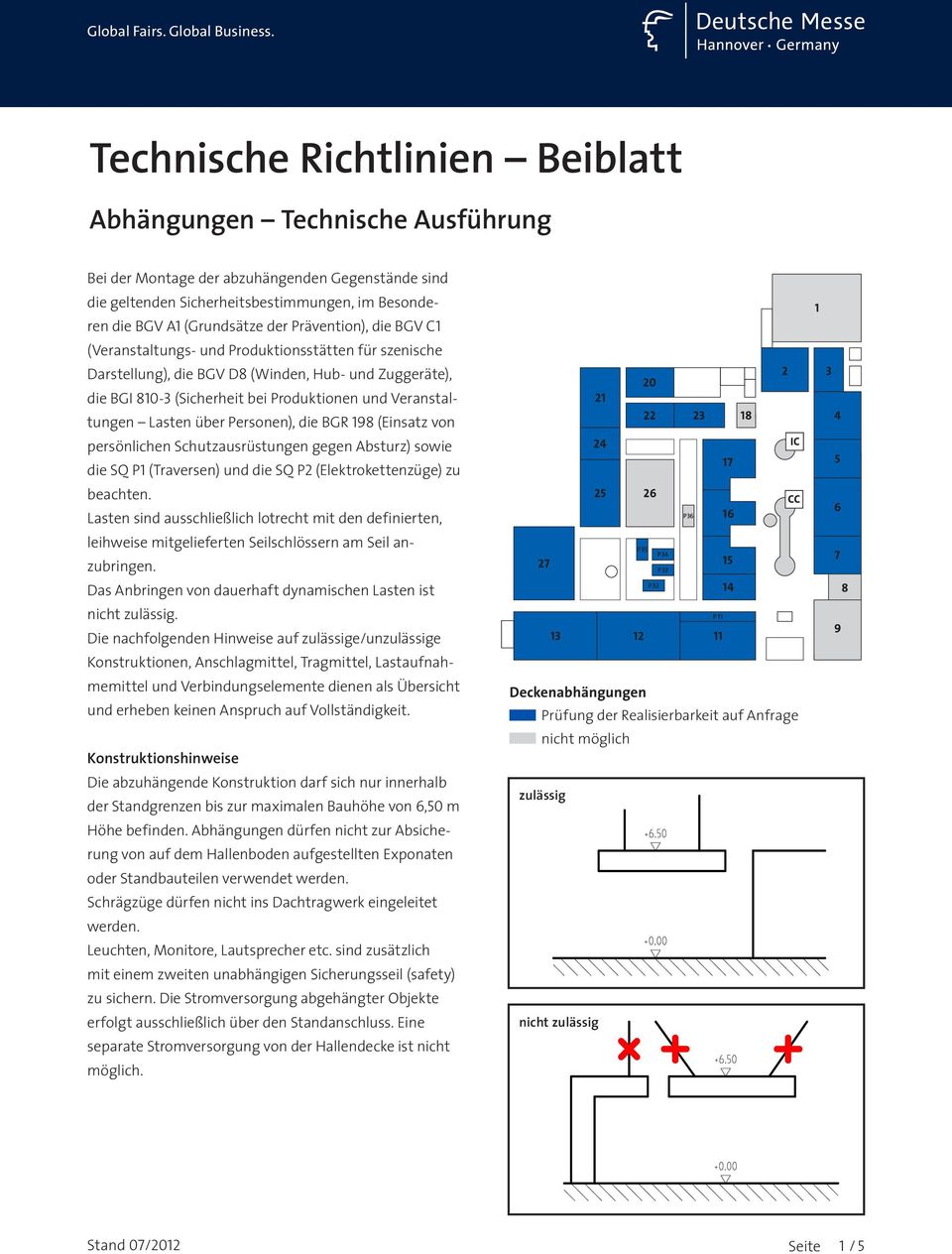 Lasten über Personen), die BGR 198 (Einsatz von persönlichen Schutzausrüstungen gegen Absturz) sowie die SQ P1 (Traversen) und die SQ P2 (Elektrokettenzüge) zu beachten.