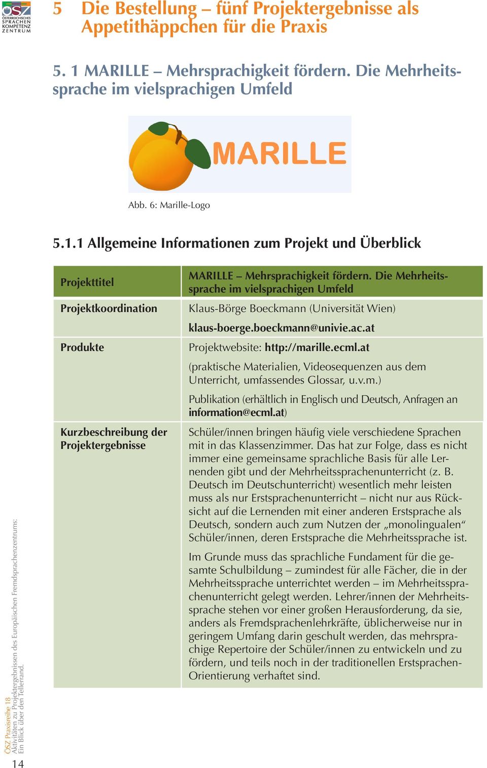 1 Allgemeine Informationen zum Projekt und Überblick 14 Projekttitel Projektkoordination Produkte Kurzbeschreibung der Projektergebnisse MARILLE Mehrsprachigkeit fördern.