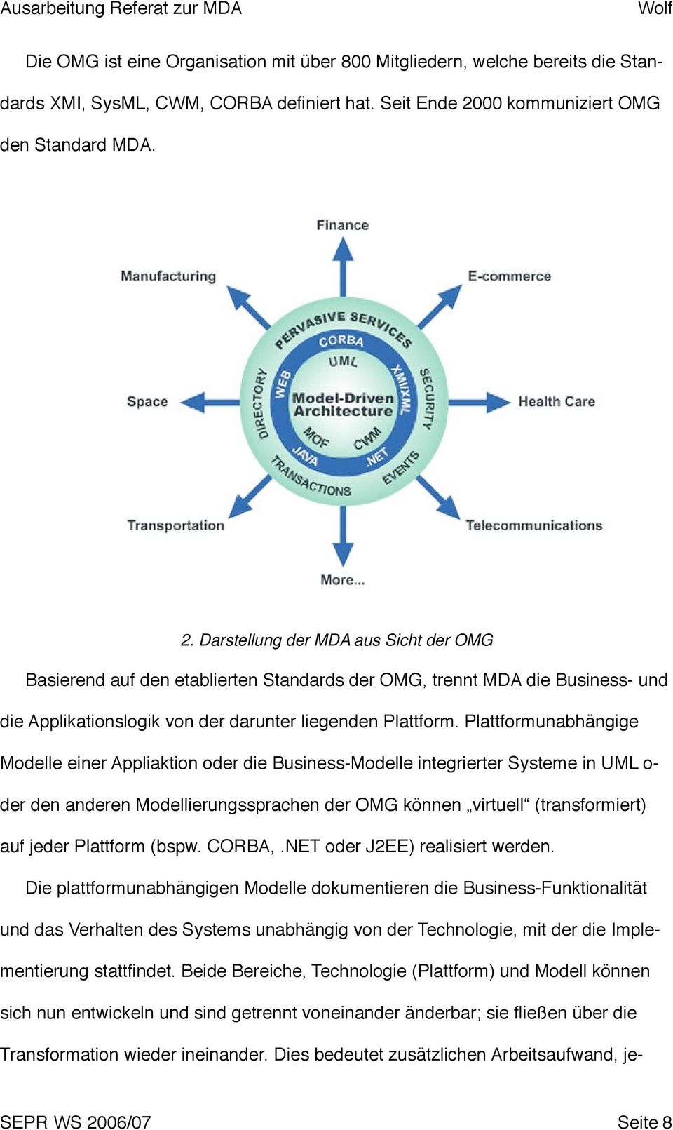 Darstellung der MDA aus Sicht der OMG Basierend auf den etablierten Standards der OMG, trennt MDA die Business- und die Applikationslogik von der darunter liegenden Plattform.