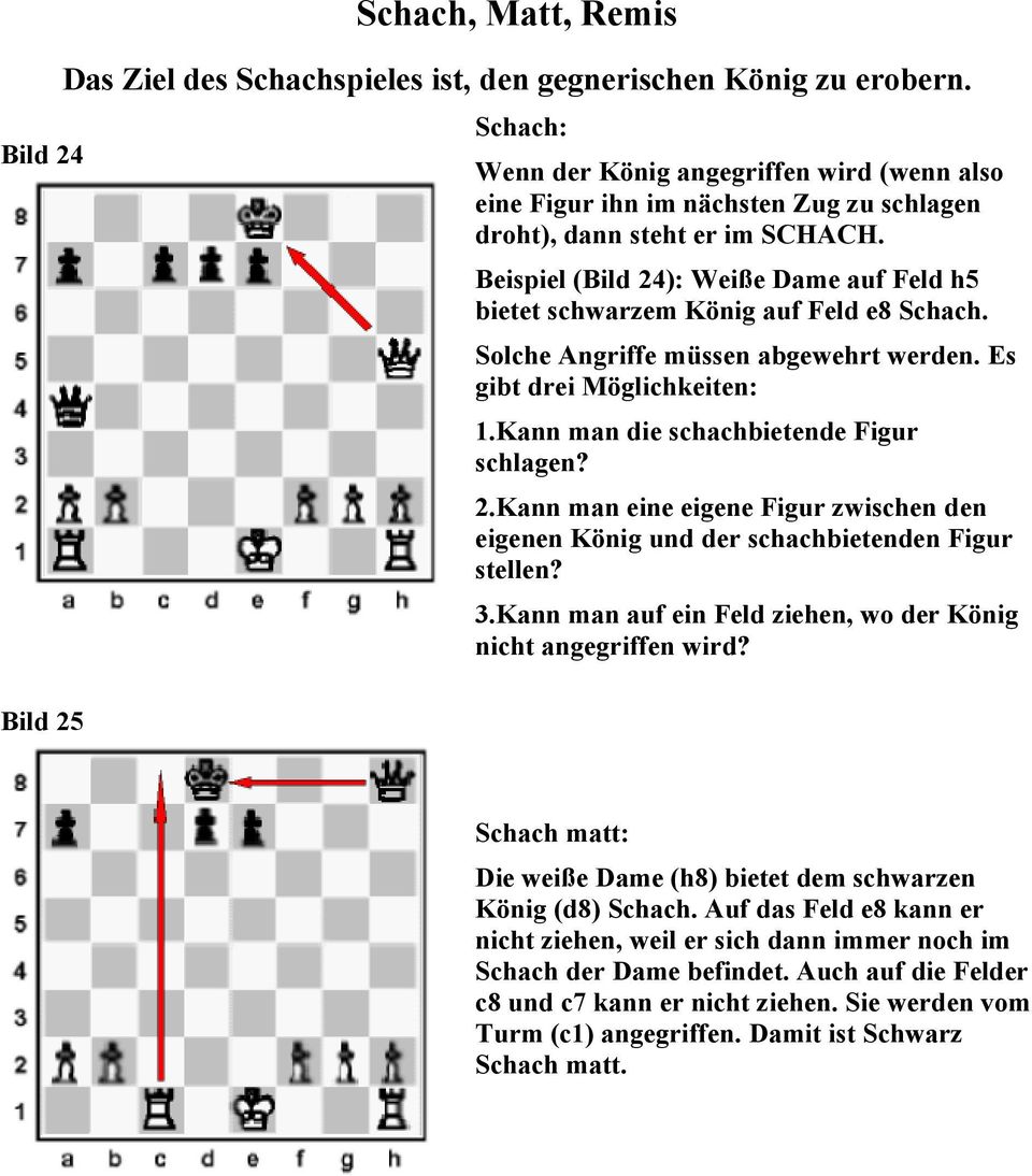 Beispiel (Bild 24): Weiße Dame auf Feld h5 bietet schwarzem König auf Feld e8 Schach. Solche Angriffe müssen abgewehrt werden. Es gibt drei Möglichkeiten: 1.Kann man die schachbietende Figur schlagen?