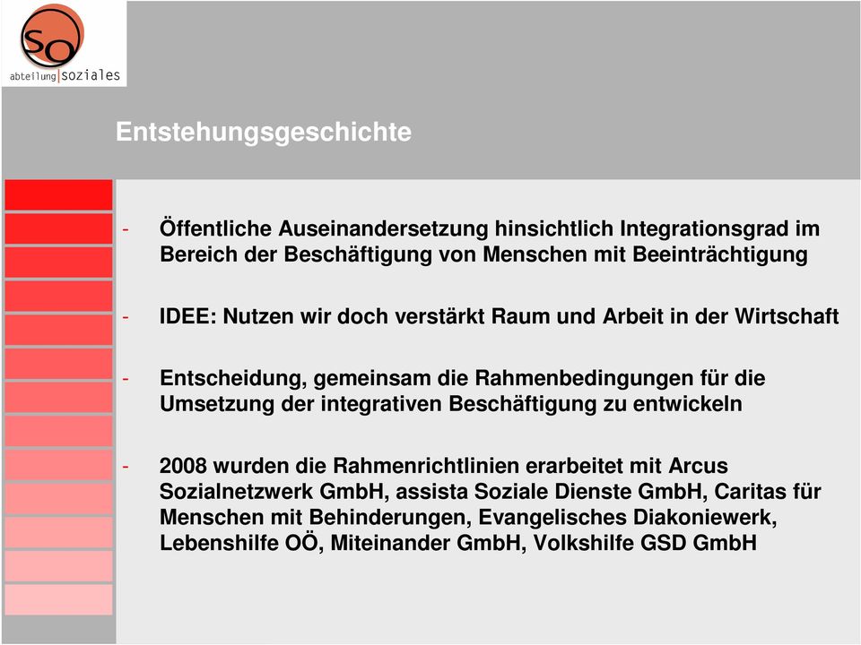 die Umsetzung der integrativen Beschäftigung zu entwickeln - 2008 wurden die Rahmenrichtlinien erarbeitet mit Arcus Sozialnetzwerk GmbH,