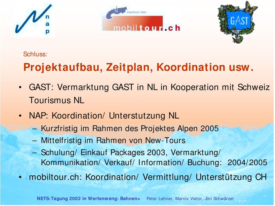 Unterstutzung NL Kurzfristig im Rahmen des Projektes Alpen 2005 Mittelfristig im Rahmen von