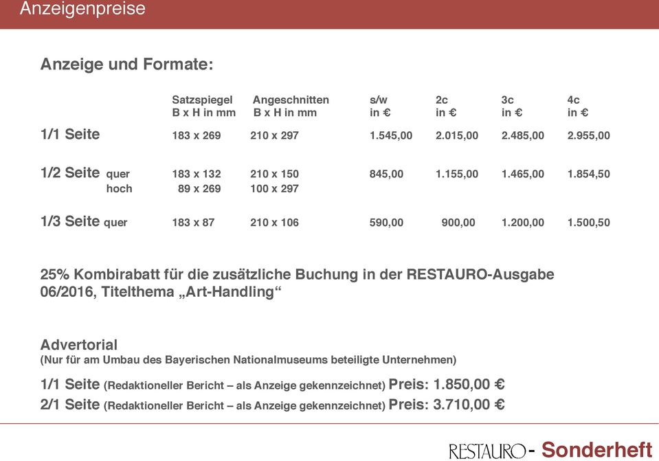 500,50 25% Kombirabatt für die zusätzliche Buchung in der RESTAURO-Ausgabe 06/2016, Titelthema Art-Handling Advertorial (Nur für am Umbau des Bayerischen Nationalmuseums