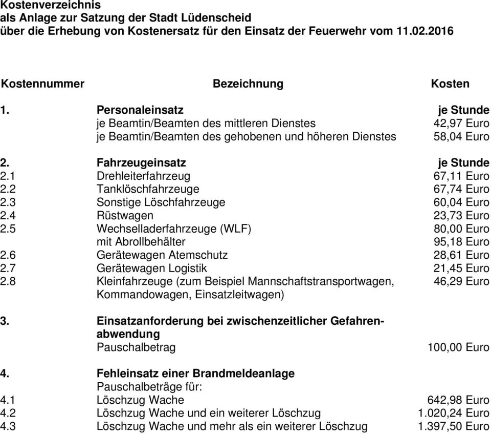 1 Drehleiterfahrzeug 67,11 Euro 2.2 Tanklöschfahrzeuge 67,74 Euro 2.3 Sonstige Löschfahrzeuge 60,04 Euro 2.4 Rüstwagen 23,73 Euro 2.