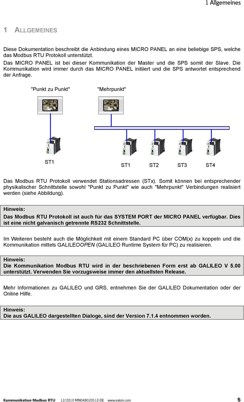 "Punkt zu Punkt" "Mehrpunkt" ST1 ST1 ST2 ST3 ST4 Das Modbus RTU Protokoll verwendet Stationsadressen (STx).