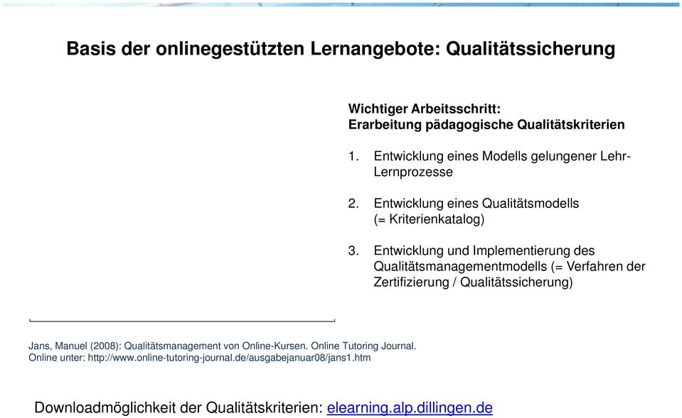 Entwicklung und Implementierung des Qualitätsmanagementmodells (= Verfahren der Zertifizierung / Qualitätssicherung) Jans, Manuel (2008):
