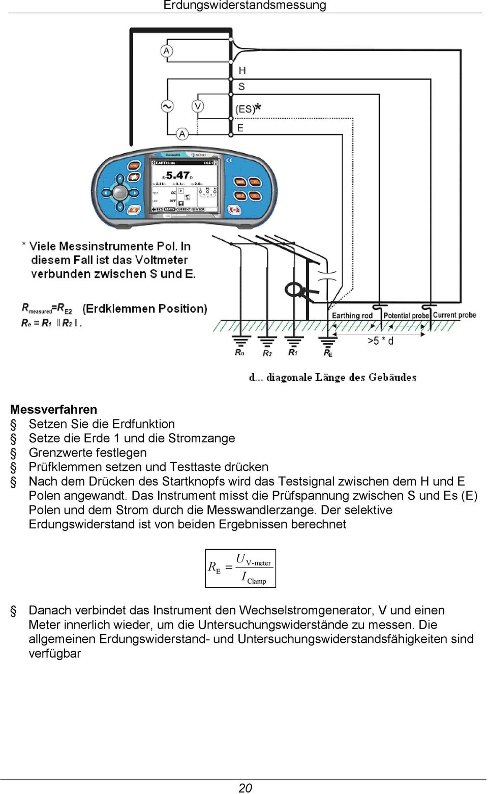 Das Instrument misst die Prüfspannung zwischen S und Es (E) Polen und dem Strom durch die Messwandlerzange.