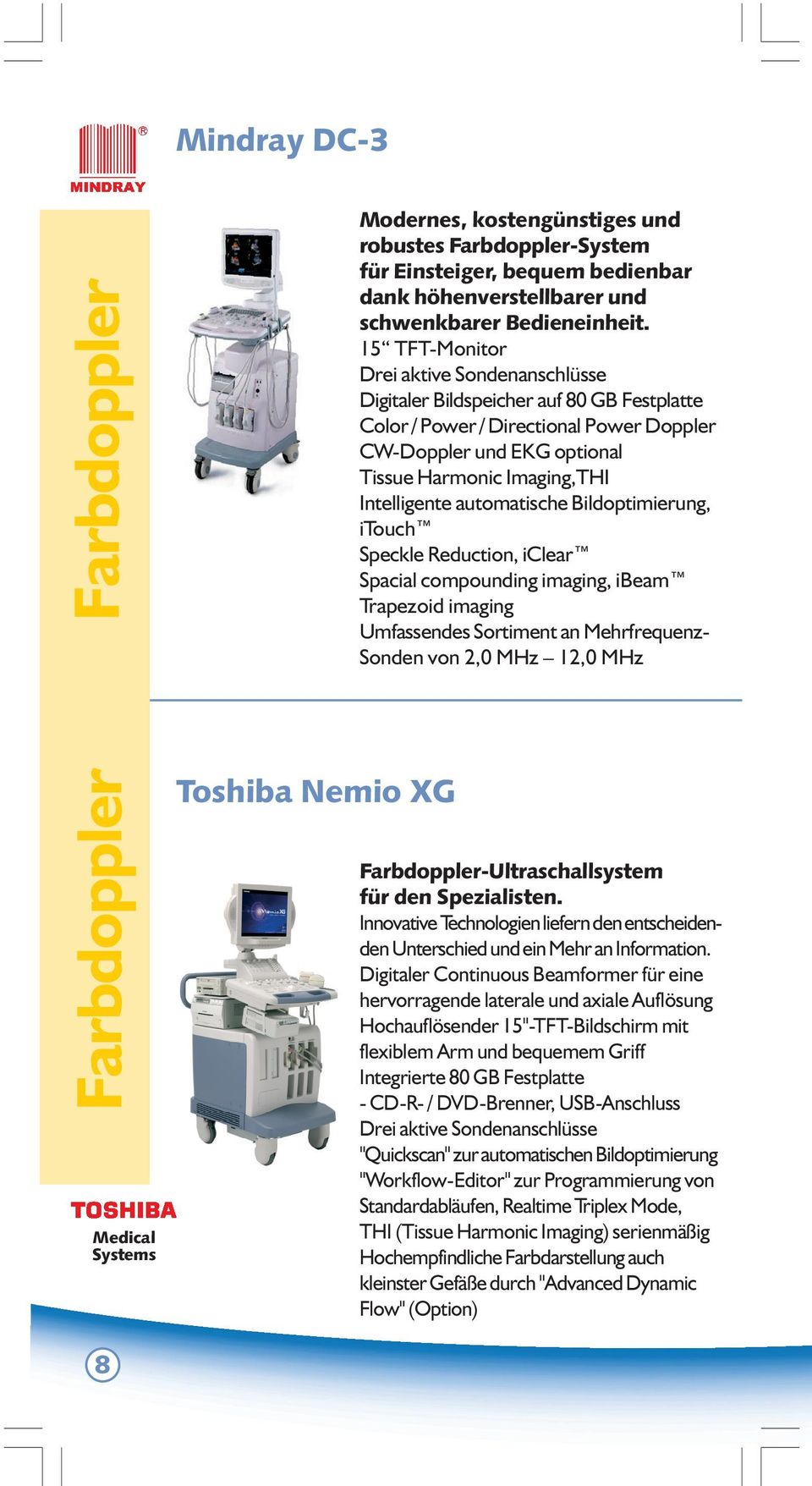 Bildoptimierung, itouch Speckle Reduction, iclear Spacial compounding imaging, ibeam Trapezoid imaging Umfassendes Sortiment an Mehrfrequenz- Sonden von 2,0 MHz 12,0 MHz Farbdoppler Medical Systems