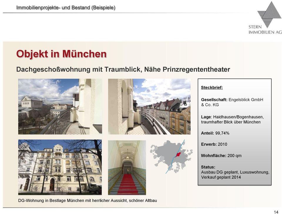 KG Lage: Haidhausen/Bogenhausen, traumhafter Blick über München Anteil: 99,74% Erwerb: 2010 Wohnfläche: