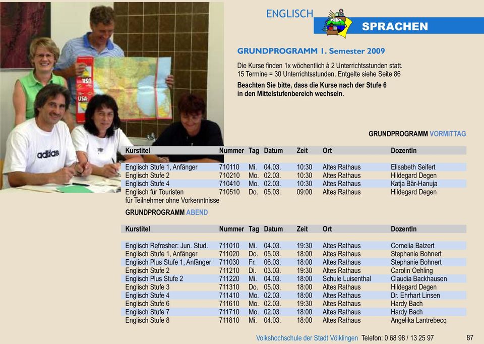 Kurstitel Nummer Tag Datum Zeit Ort DozentIn GRUNDPROGRAMM VORMITTAG Englisch Stufe 1, Anfänger 710110 Mi. 04.03. 10:30 Altes Rathaus Elisabeth Seifert Englisch Stufe 2 710210 Mo. 02.03. 10:30 Altes Rathaus Hildegard Degen Englisch Stufe 4 710410 Mo.