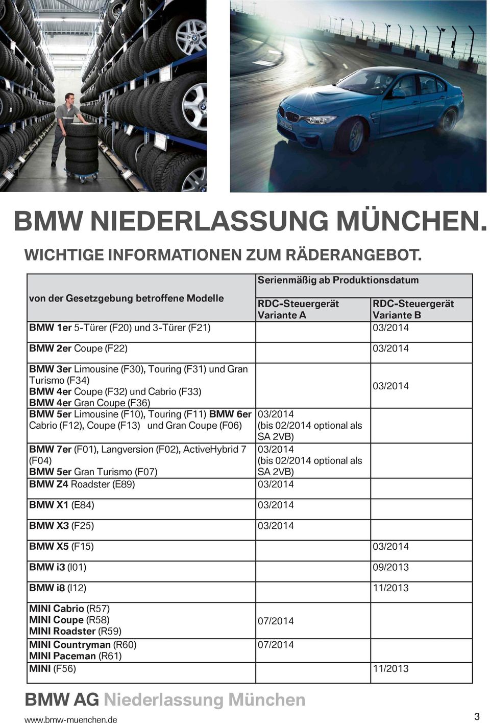 (F13) und Gran Coupe (F06) BMW 7er (F01), Langversion (F02), ActiveHybrid 7 (F04) BMW 5er Gran Turismo (F07) BMW Z4 Roadster (E89) 03/2014 03/2014 (bis 02/2014 optional als SA 2VB) 03/2014 (bis