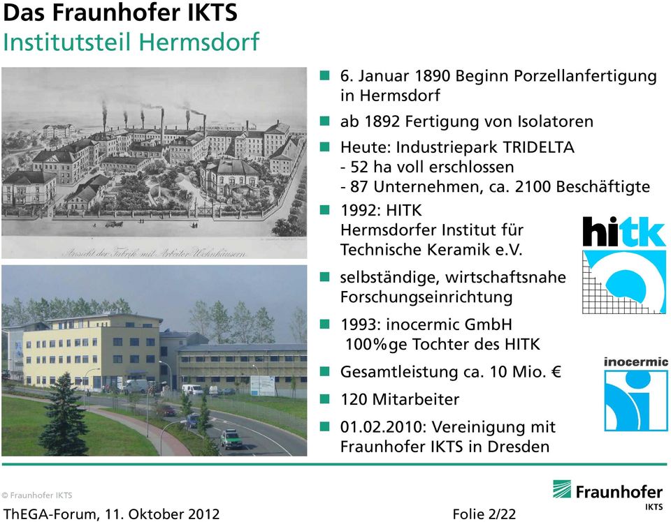 erschlossen - 87 Unternehmen, ca. 2100 Beschäftigte 1992: HITK Hermsdorfer Institut für Technische Keramik e.v.
