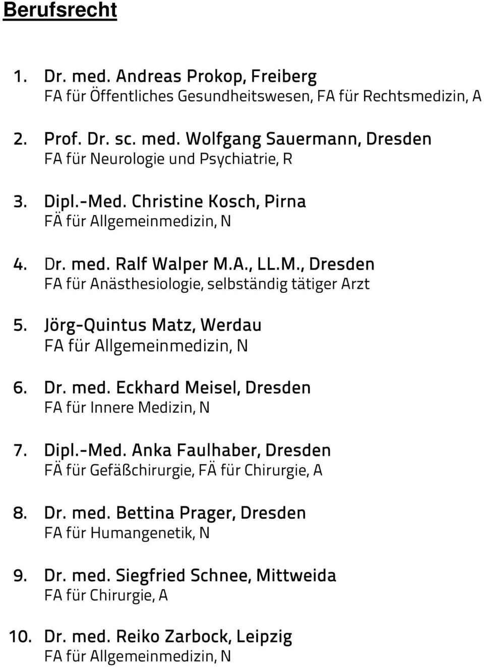 Jörg-Quintus Matz, Werdau 6. Dr. med. Eckhard Meisel, Dresden FA für Innere Medizin, N 7. Dipl.-Med.
