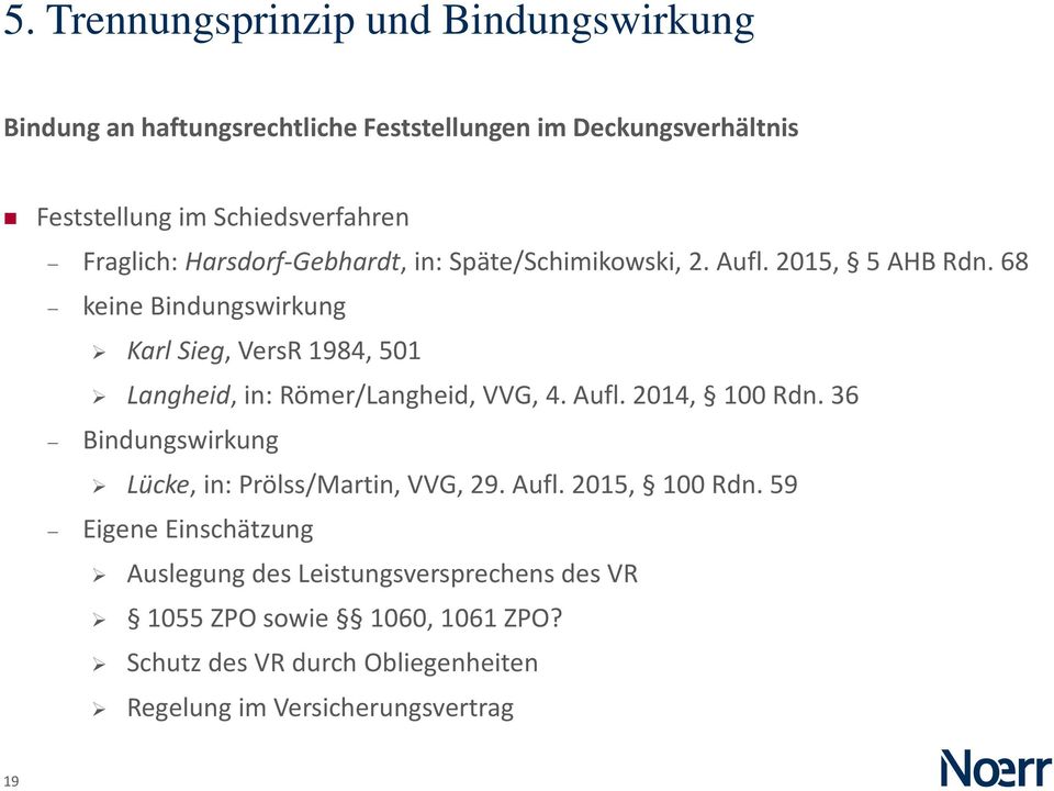 68 keine Bindungswirkung Karl Sieg, VersR 1984, 501 Langheid, in: Römer/Langheid, VVG, 4. Aufl. 2014, 100 Rdn.