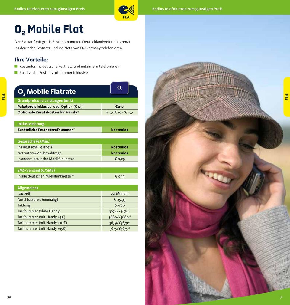 Kostenlos ins deutsche Festnetz und netzintern telefonieren Zusätzliche Festnetzrufnummer O 2 Mobile rate Paketpreis load-option ( 1,-) 1) 21,- Optionale Zusatzkosten für Handy 9) 5,-/ 10,-/ 15,-