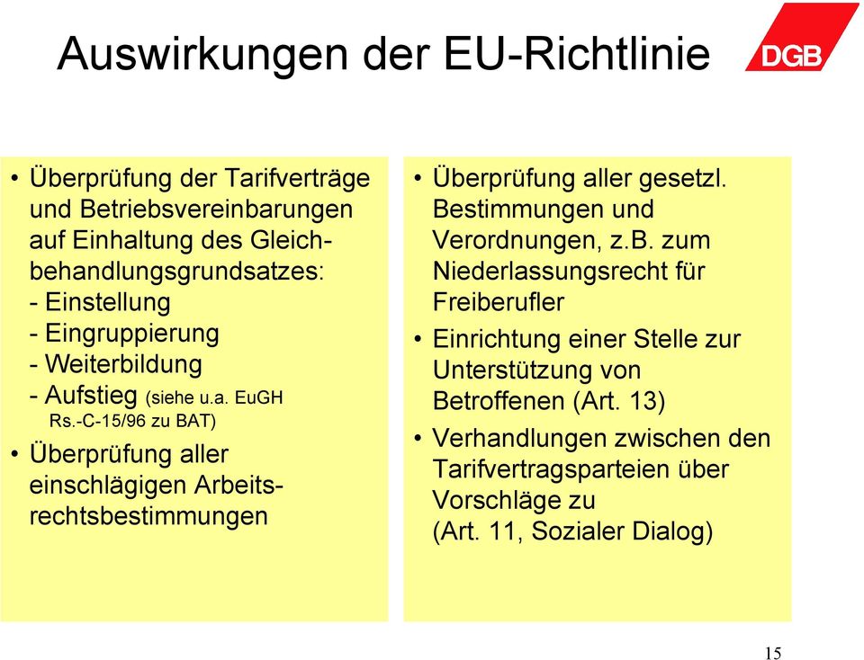 -C-15/96 zu BAT) Überprüfung aller einschlägigen Arbeitsrechtsbestimmungen Überprüfung aller gesetzl. Bestimmungen und Verordnungen, z.b. zum Niederlassungsrecht für Freiberufler Einrichtung einer Stelle zur Unterstützung von Betroffenen (Art.