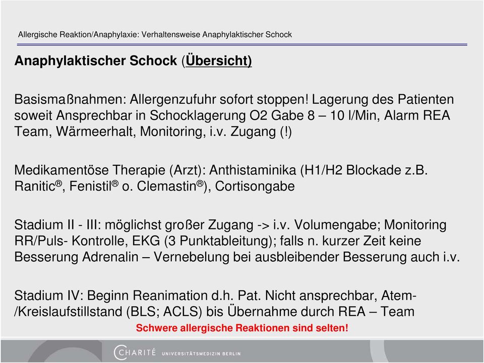 ) Medikamentöse Therapie (Arzt): Anthistaminika (H1/H2 Blockade z.b. Ranitic, Fenistil o. Clemastin ), Cortisongabe Stadium II - III: möglichst großer Zugang -> i.v.