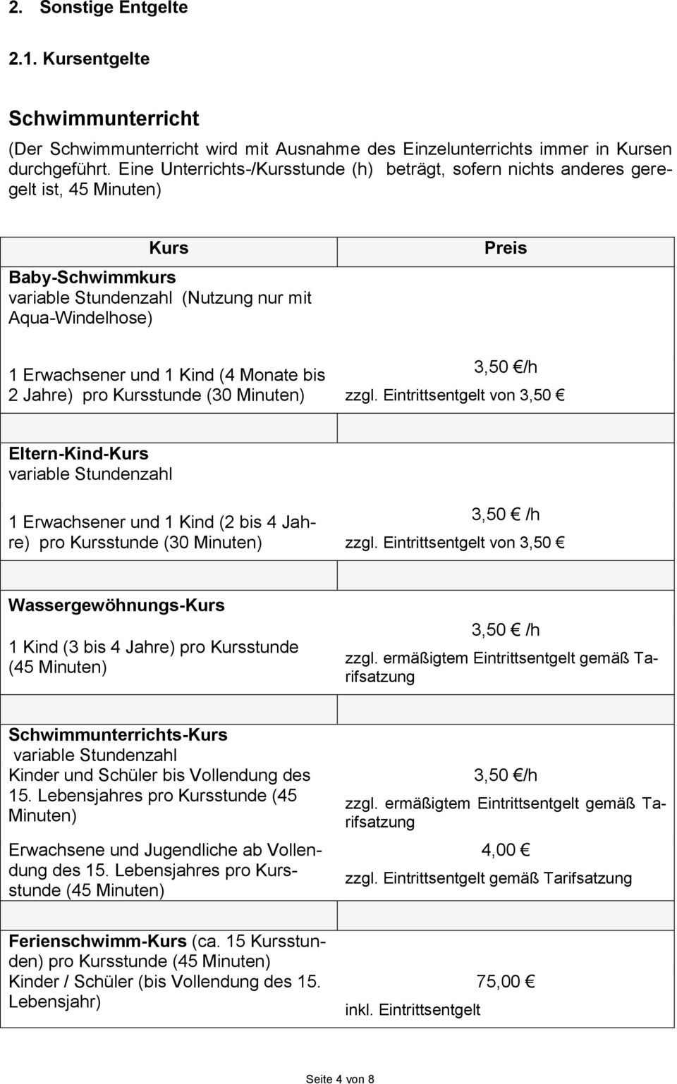 Monate bis 2 Jahre) pro Kursstunde (30 Minuten) 3,50 /h zzgl.