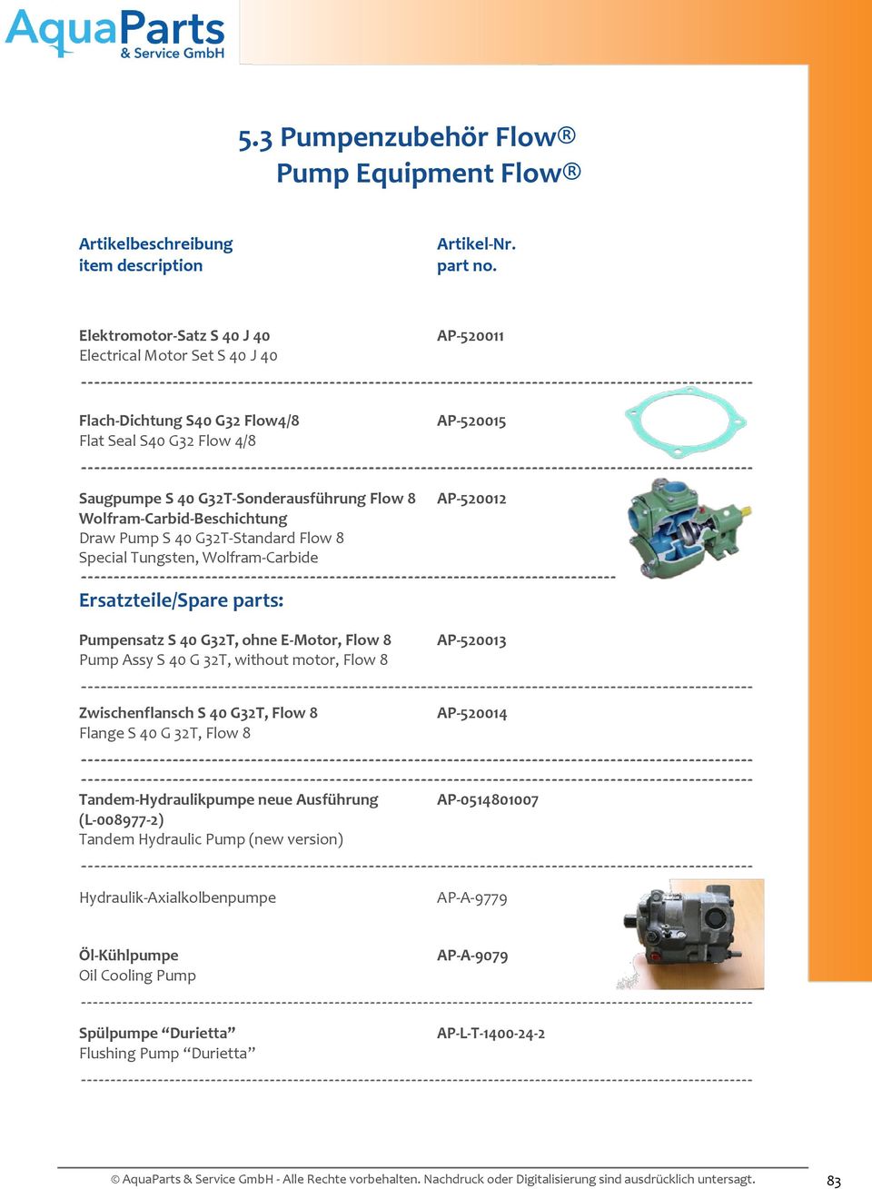 Flow 8 Pump Assy S 40 G 32T, without motor, Flow 8 AP-520013 Zwischenflansch S 40 G32T, Flow 8 Flange S 40 G 32T, Flow 8 AP-520014 Tandem-Hydraulikpumpe neue Ausführung (L-008977-2) Tandem Hydraulic