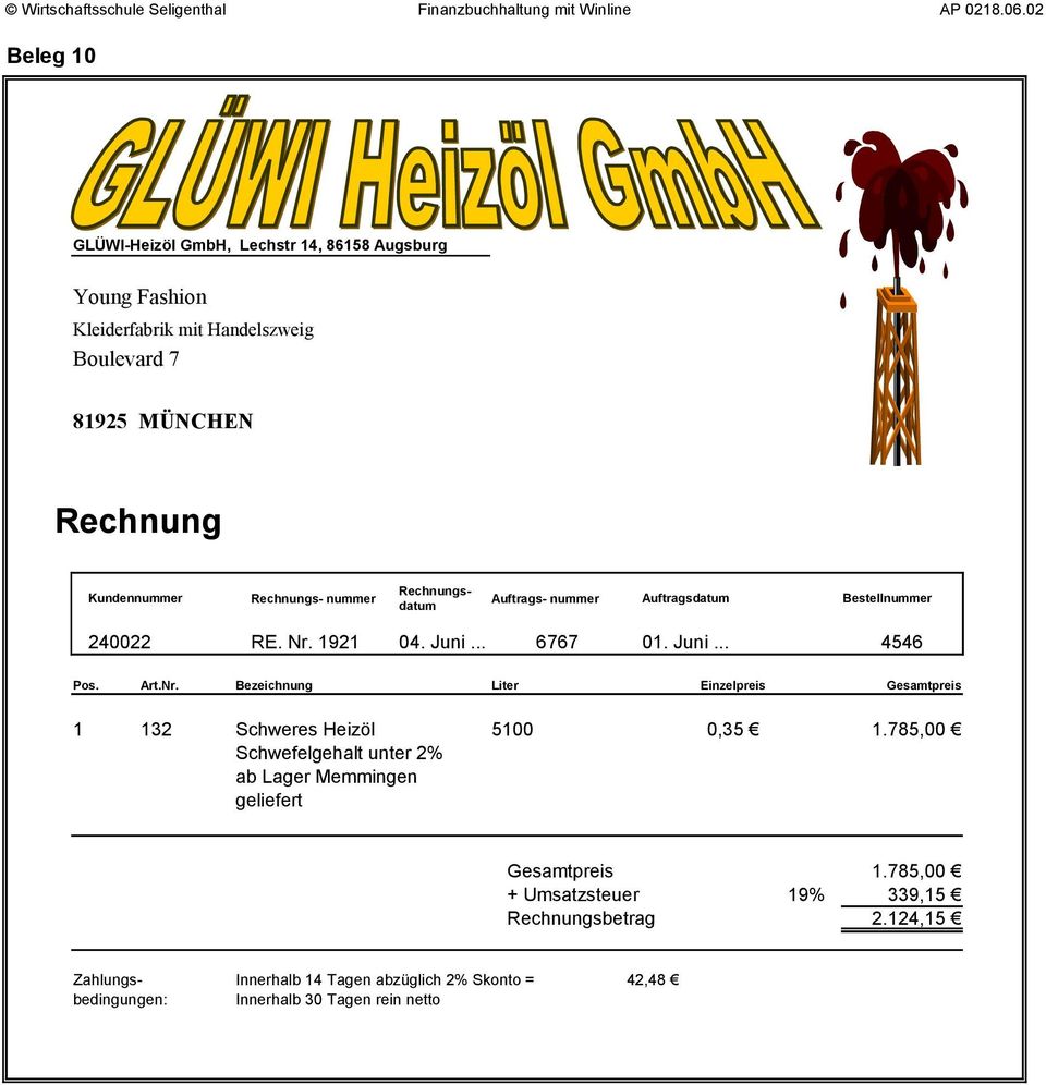 785,00 Schwefelgehalt unter 2% ab Lager Memmingen geliefert Gesamtpreis 1.785,00 + Umsatzsteuer 19% 339,15 Rechnungsbetrag 2.