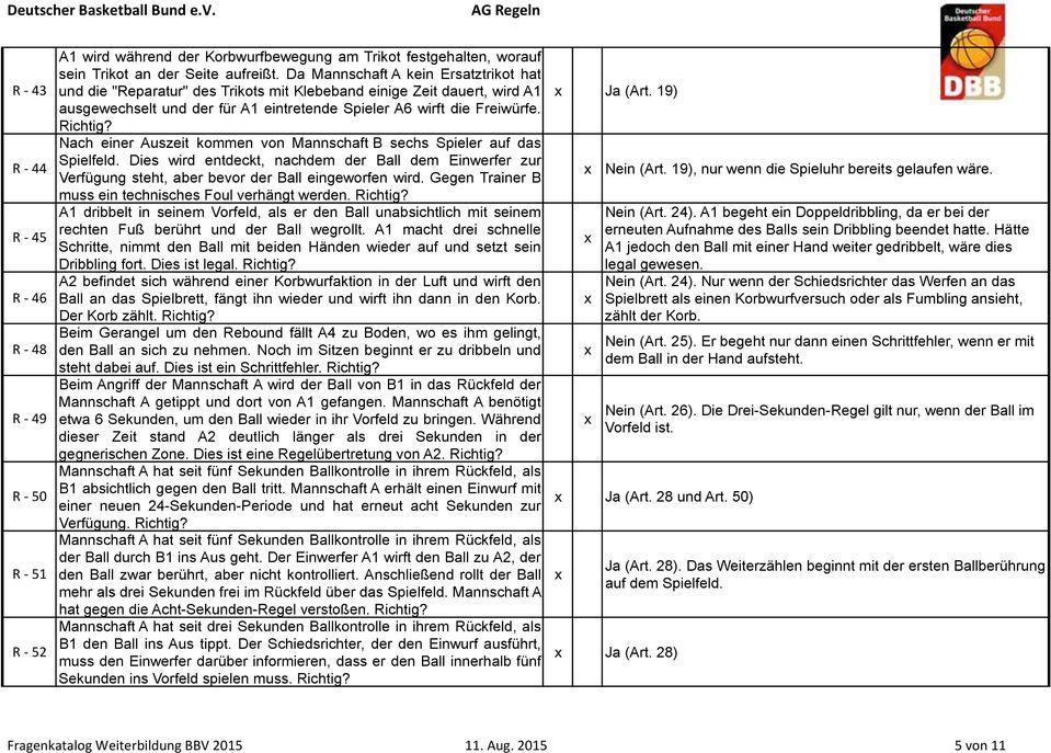 Nach einer Auszeit kommen von Mannschaft B sechs Spieler auf das Spielfeld. Dies wird entdeckt, nachdem der Ball dem Einwerfer zur Verfügung steht, aber bevor der Ball eingeworfen wird.