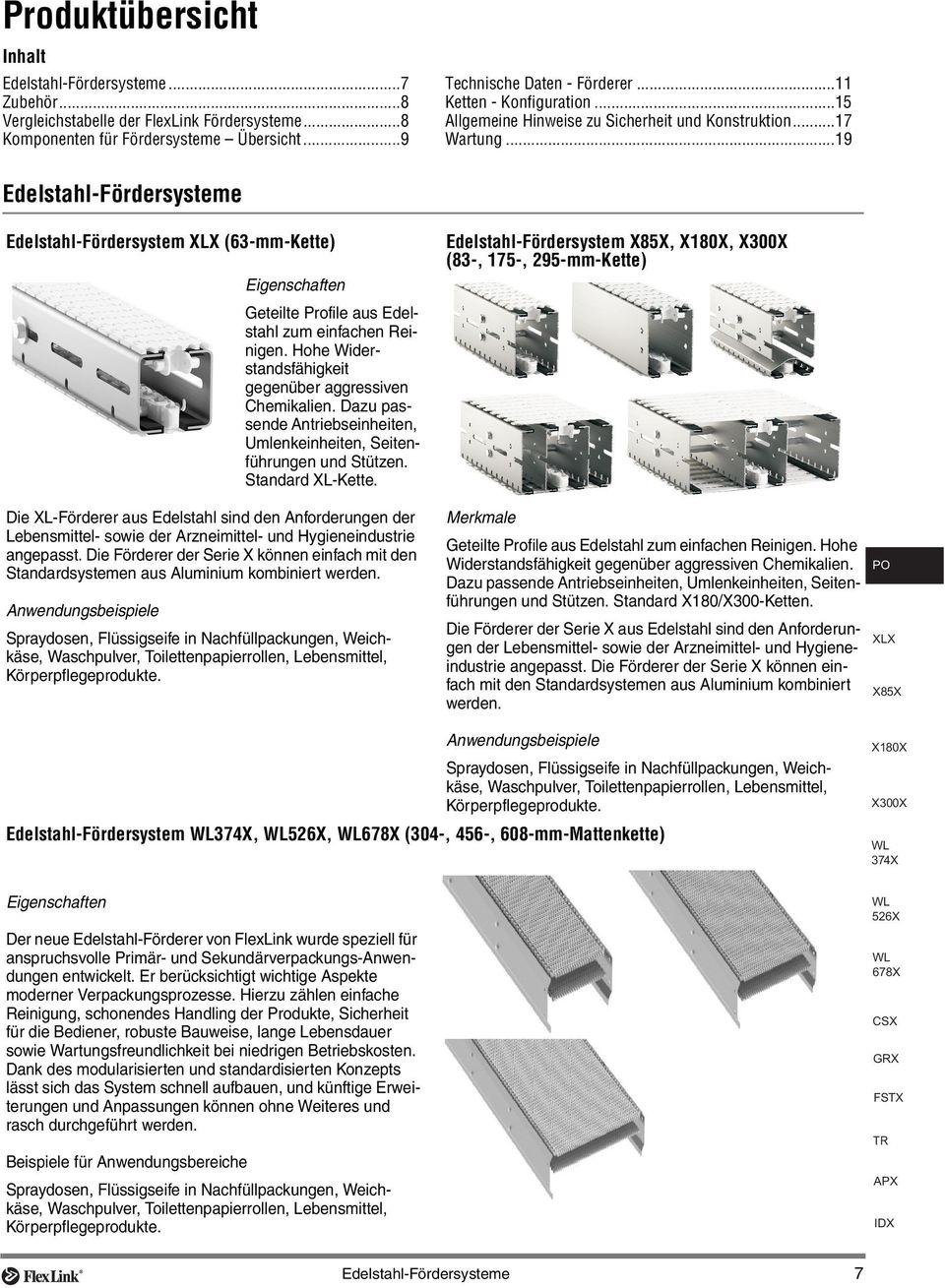 ..19 Edelstahl-Fördersysteme Edelstahl-Fördersystem XLX (63-mm-Kette) Edelstahl-Fördersystem X85X, X180X, X300X (83-, 175-, 295-mm-Kette) Eigenschaften Geteilte Profile aus Edelstahl zum einfachen