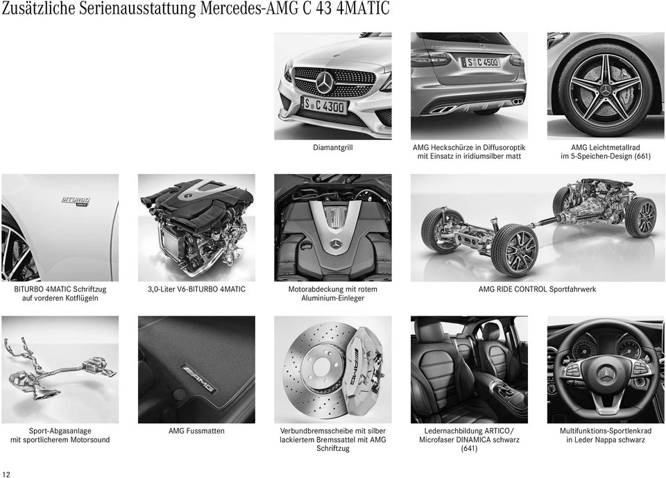 Aluminium-Einleger AMG RIDE CONTROL Sportfahrwerk Sport-Abgasanlage mit sportlicherem Motorsound AMG Fussmatten Verbundbremsscheibe mit silber