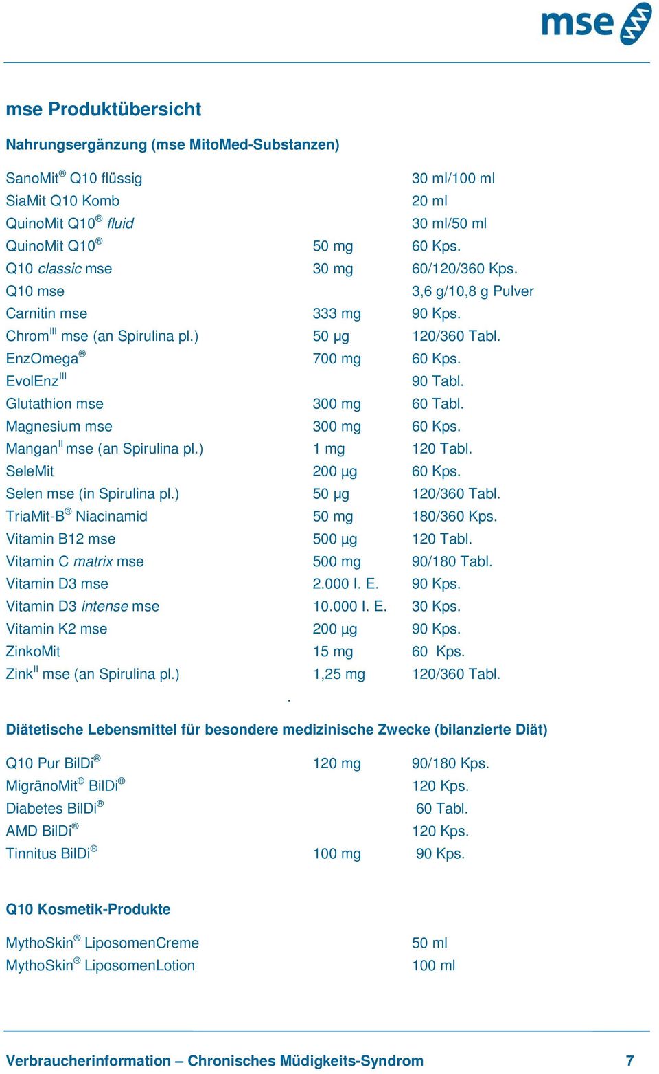 Glutathion mse 300 mg 60 Tabl. Magnesium mse 300 mg 60 Kps. Mangan II mse (an Spirulina pl.) 1 mg 120 Tabl. SeleMit 200 µg 60 Kps. Selen mse (in Spirulina pl.) 50 μg 120/360 Tabl.