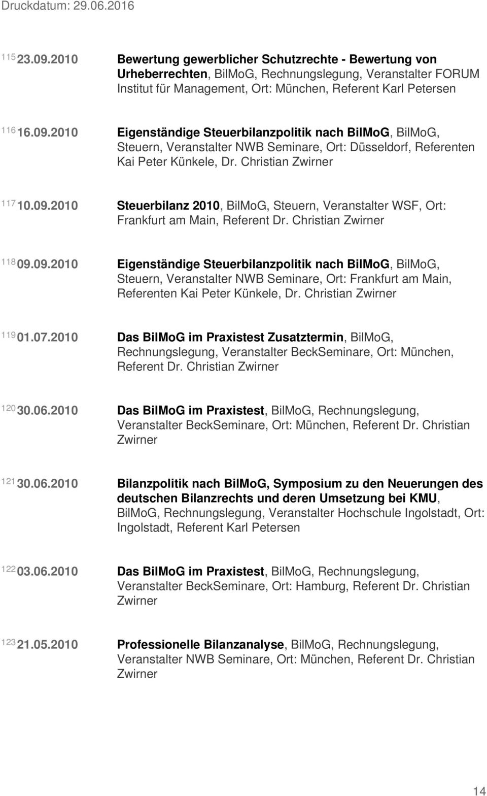 119 01.07.2010 Das BilMoG im Praxistest Zusatztermin, BilMoG, Rechnungslegung, Veranstalter BeckSeminare, Ort: München, Referent Dr. 120 30.06.