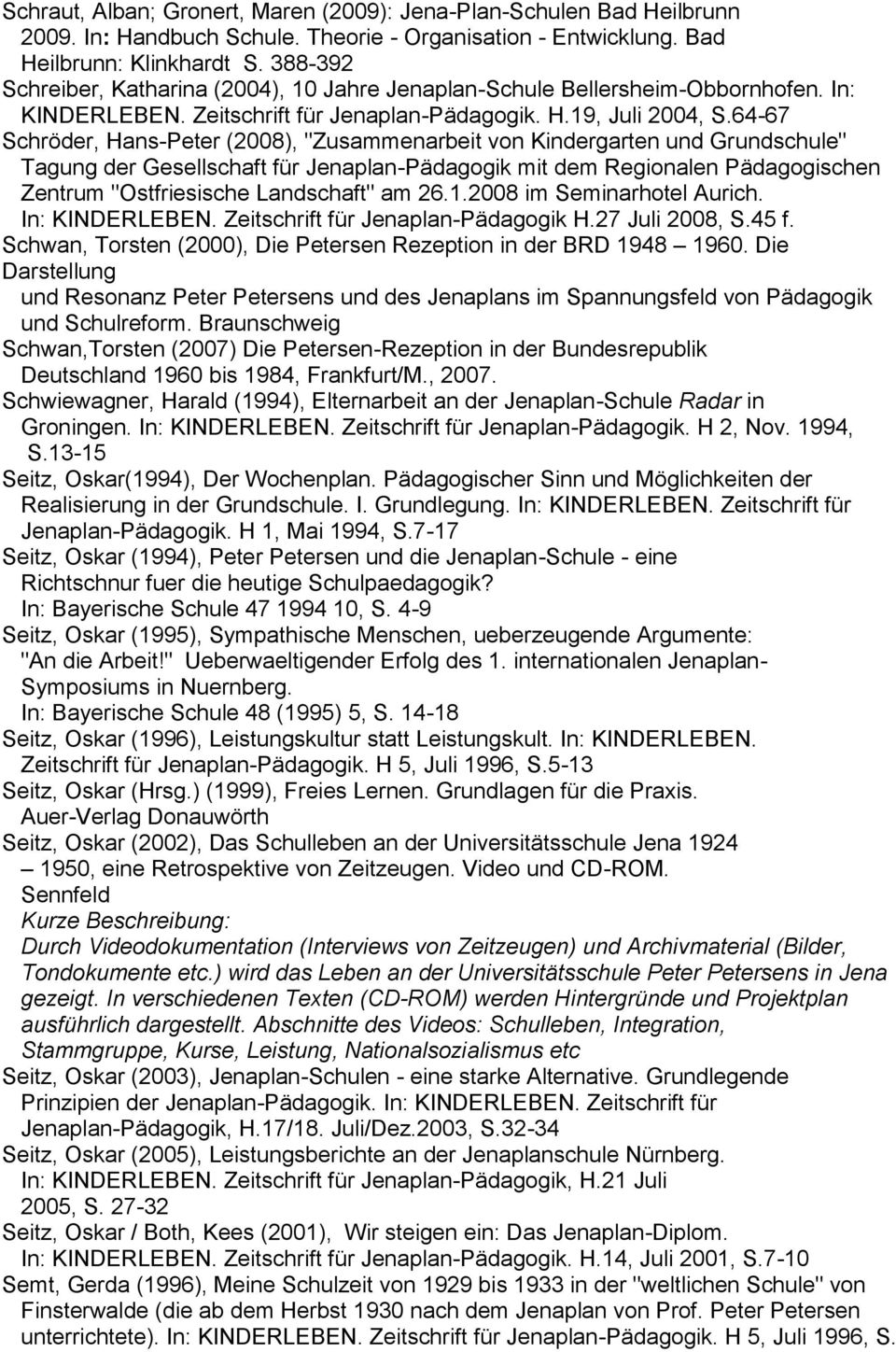 64-67 Schröder, Hans-Peter (2008), "Zusammenarbeit von Kindergarten und Grundschule" Tagung der Gesellschaft für Jenaplan-Pädagogik mit dem Regionalen Pädagogischen Zentrum "Ostfriesische Landschaft"