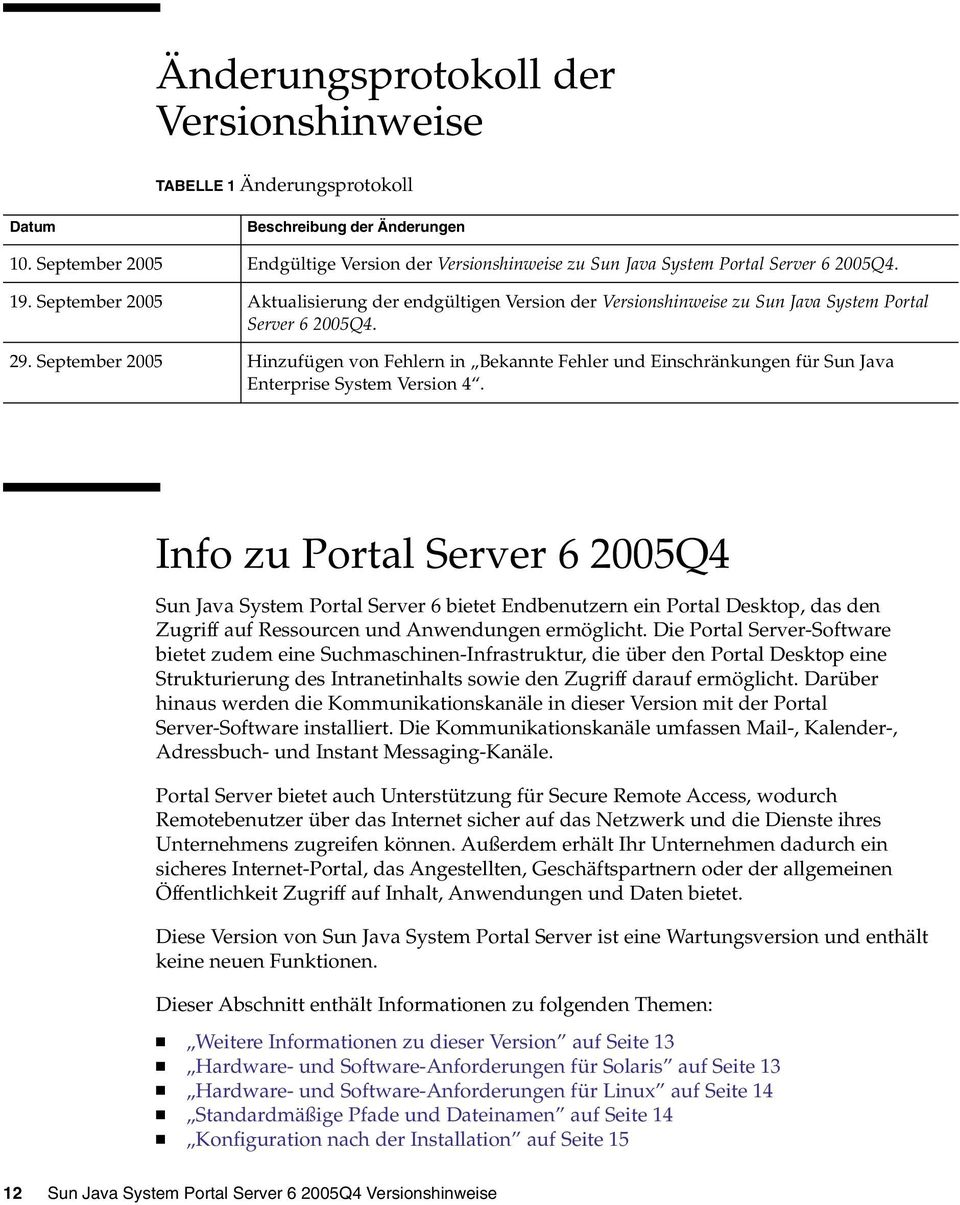 September 2005 Aktualisierung der endgültigen Version der Versionshinweise zu Sun Java System Portal Server 6 2005Q4. 29.