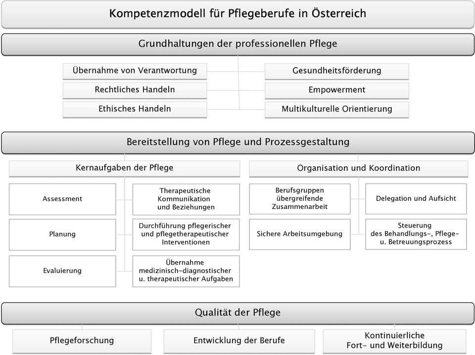 Berufsgruppen übergreifende Zusammenarbeit Delegation und Aufsicht Planung Durchführung pflegerischer und pflegetherapeutischer Interventionen Sichere Arbeitsumgebung Steuerung des