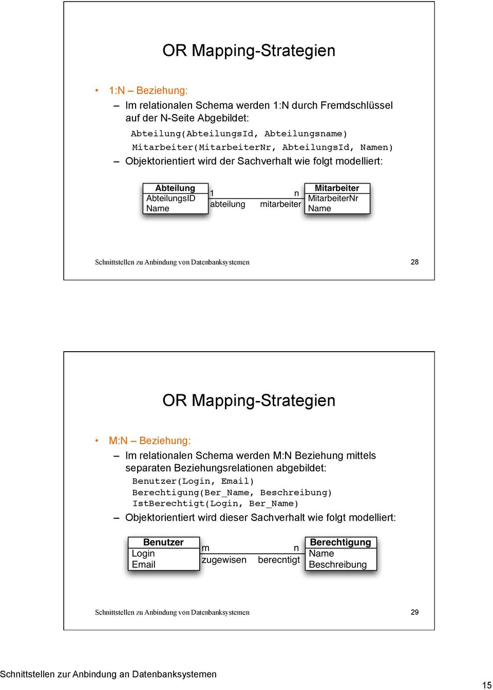 Objektorientiert wird der Sachverhalt wie folgt modelliert: 28 OR Mapping-Strategien M:N Beziehung: Im relationalen Schema werden M:N
