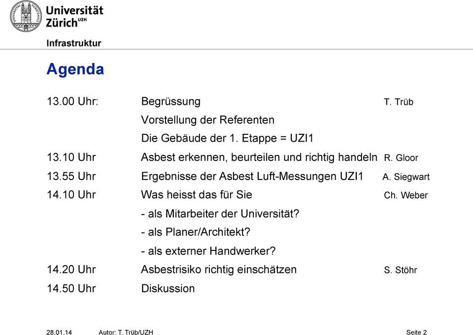 55 Uhr Ergebnisse der Asbest Luft-Messungen UZI1 A. Siegwart 14.10 Uhr Was heisst das für Sie Ch.