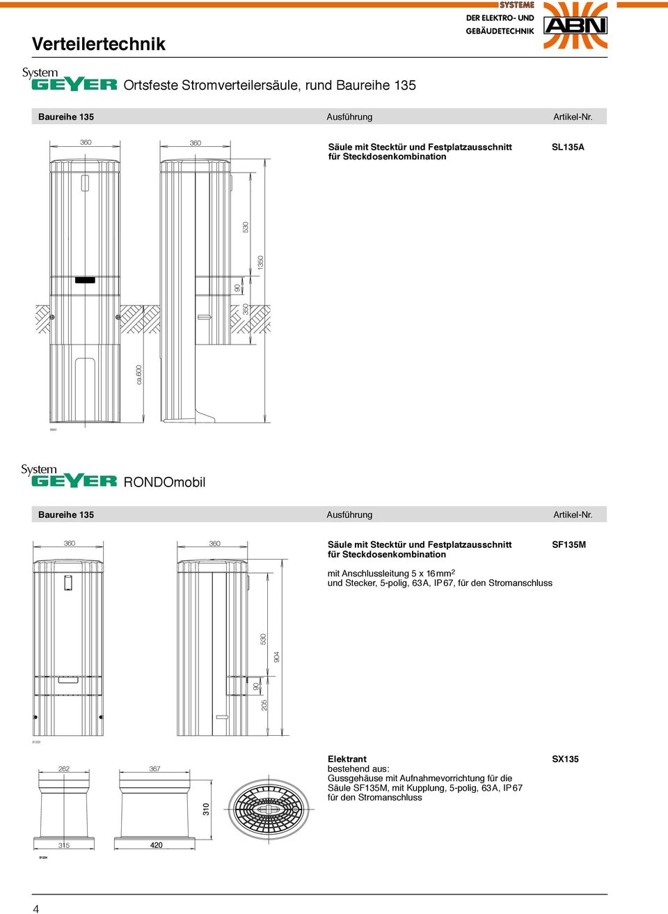 Säule mit Stecktür und Festplatzausschnitt für Steckdosenkombination SF135M mit Anschlussleitung 5 x 16 mm 2 und Stecker, 5-polig,