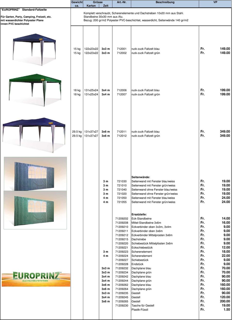 Bezug: 200 gr/m2 Polyester PVC-beschichtet, wasserdicht, Seitenwände 140 gr/m2 15 kg 122x23x22 3x3 m 712001 ruck-zuck Faltzelt blau Fr. 1 15 kg 122x23x22 3x3 m 712002 ruck-zuck Faltzelt grün Fr.