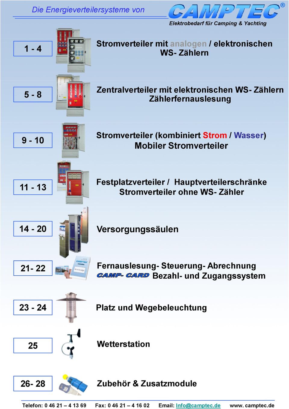 11-13 Festplatzverteiler / Hauptverteilerschränke Stromverteiler ohne WS- Zähler 14-20 Versorgungssäulen 21-22