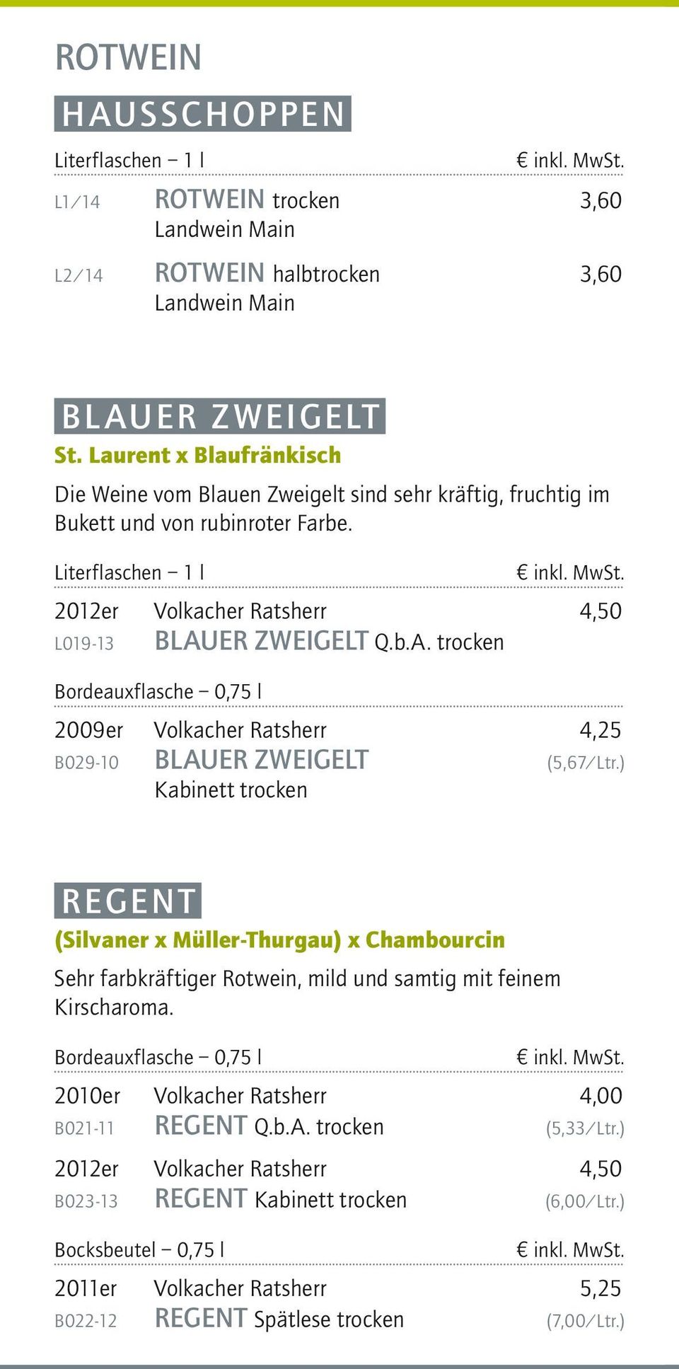 2012er Volkacher Ratsherr 4,50 L019-13 BLAUER ZWEIGELT 2009er Volkacher Ratsherr 4,25 B029-10 BLAUER ZWEIGELT (5,67/Ltr.