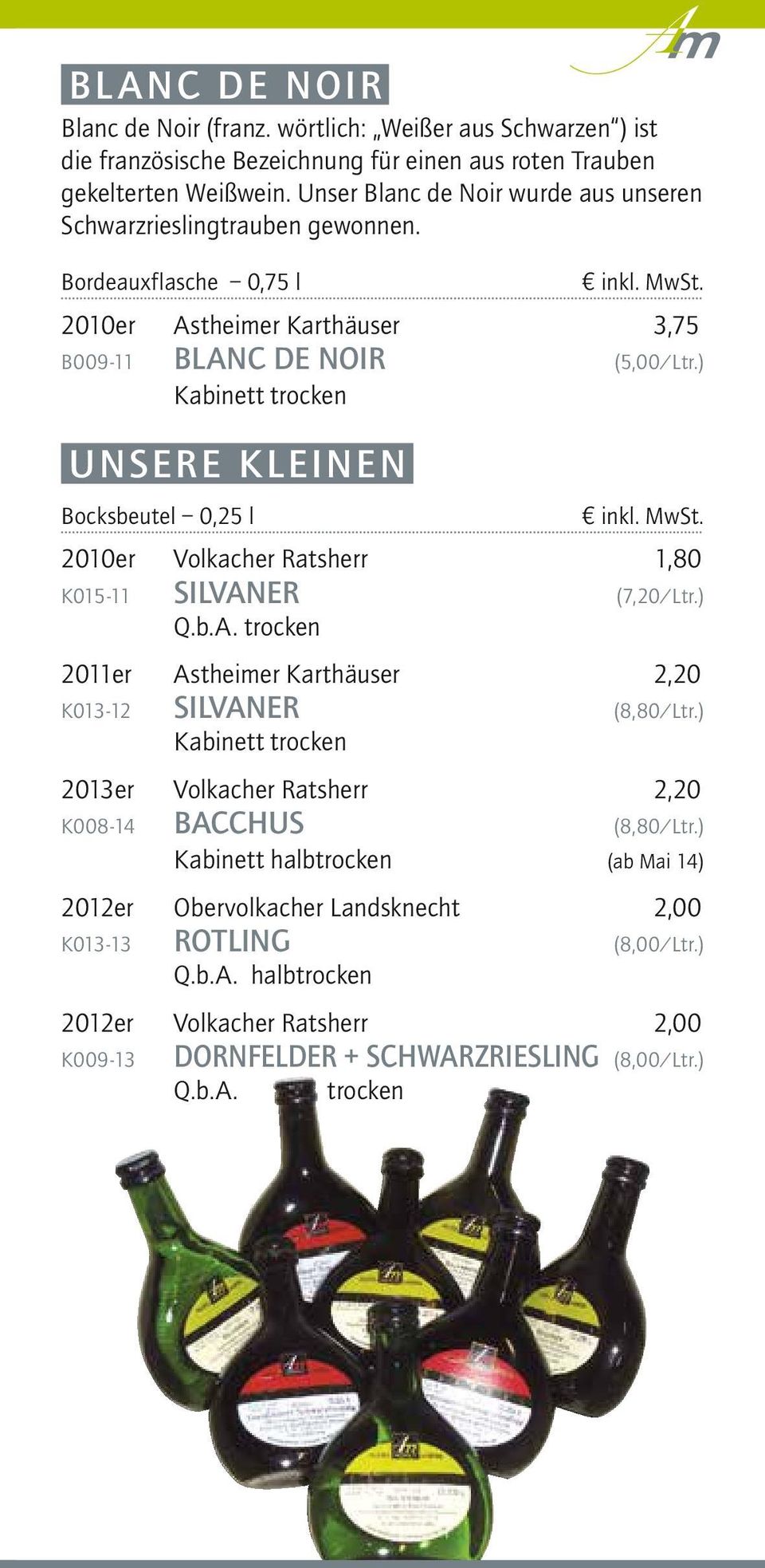 ) UNSERE KLEINEN Bocksbeutel 0,25 l 2010er Volkacher Ratsherr 1,80 K015-11 SILVANER (7,20/Ltr.) 2011er Astheimer Karthäuser 2,20 K013-12 SILVANER (8,80/Ltr.