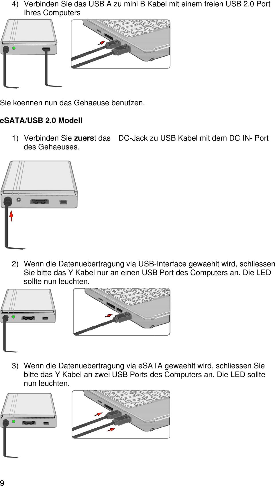 2) Wenn die Datenuebertragung via USB-Interface gewaehlt wird, schliessen Sie bitte das Y Kabel nur an einen USB Port des Computers an.