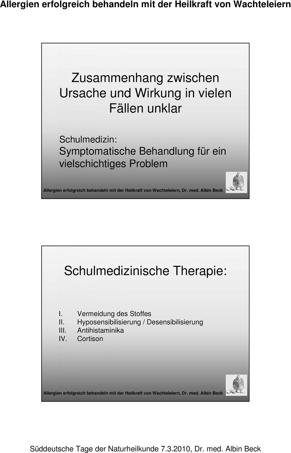 Problem Schulmedizinische Therapie: I. Vermeidung des Stoffes II.