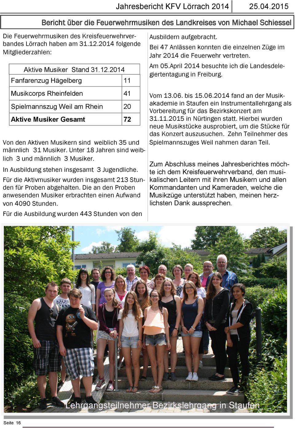 2014 Fanfarenzug Hägelberg 11 Musikcorps Rheinfelden 41 Spielmannszug Weil am Rhein 20 Aktive Musiker Gesamt 72 Von den Aktiven Musikern sind weiblich 35 und männlich 31 Musiker.