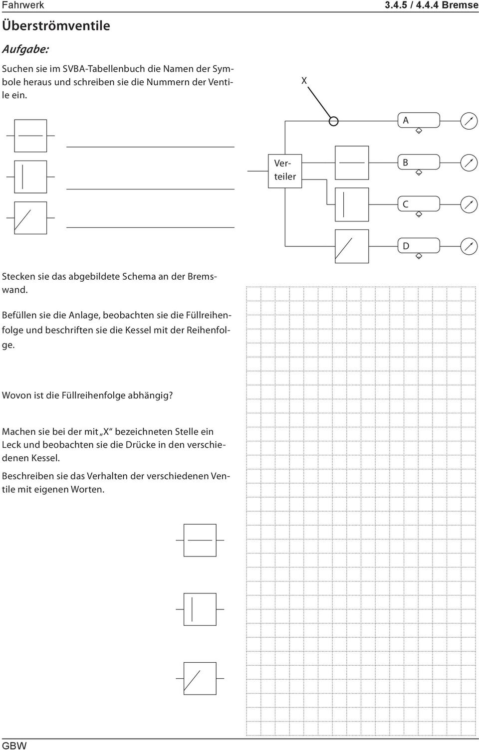 Wovon ist die Füllreihenfolge abhängig? vom Öffnungsdruck des Überströmventils Machen sie bei der mit X bezeichneten Stelle ein Leck und beobachten sie die Drücke in den verschiedenen Kessel.