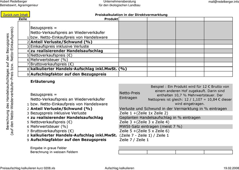 kalkulierter Handels-Aufschlag inkl.mwst. (%) 9 Aufschlagfaktor auf den Bezugspreis Beispiel : Ein Produkt wird für 12 Brutto von einem anderen Hof zugekauft.