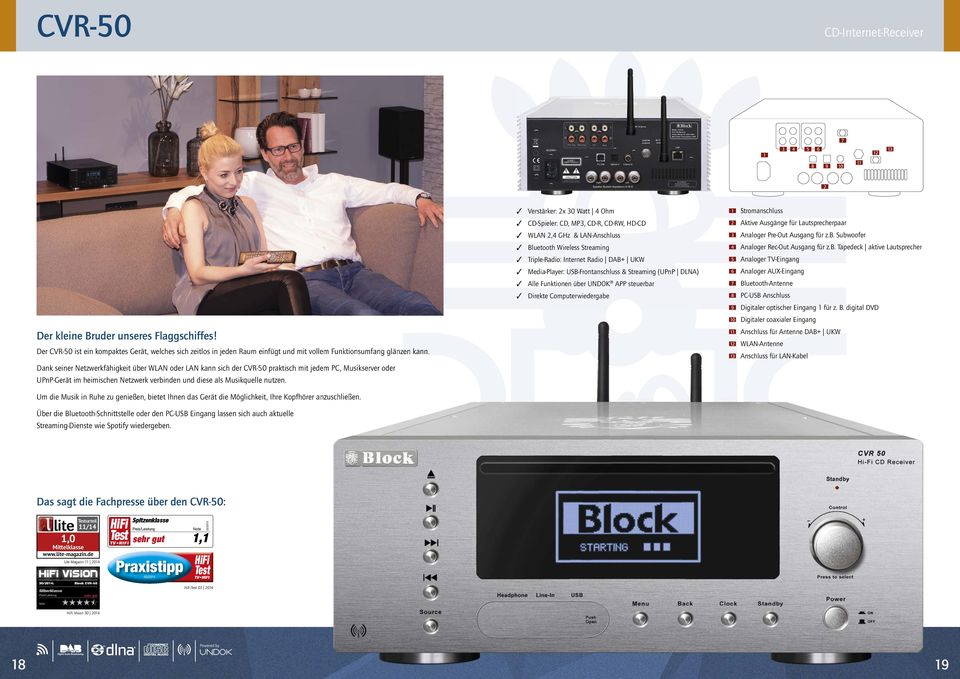 Dank seiner Netzwerkfähigkeit über WLAN oder LAN kann sich der CVR-50 praktisch mit jedem PC, Musikserver oder UPnP-Gerät im heimischen Netzwerk verbinden und diese als Musikquelle nutzen.