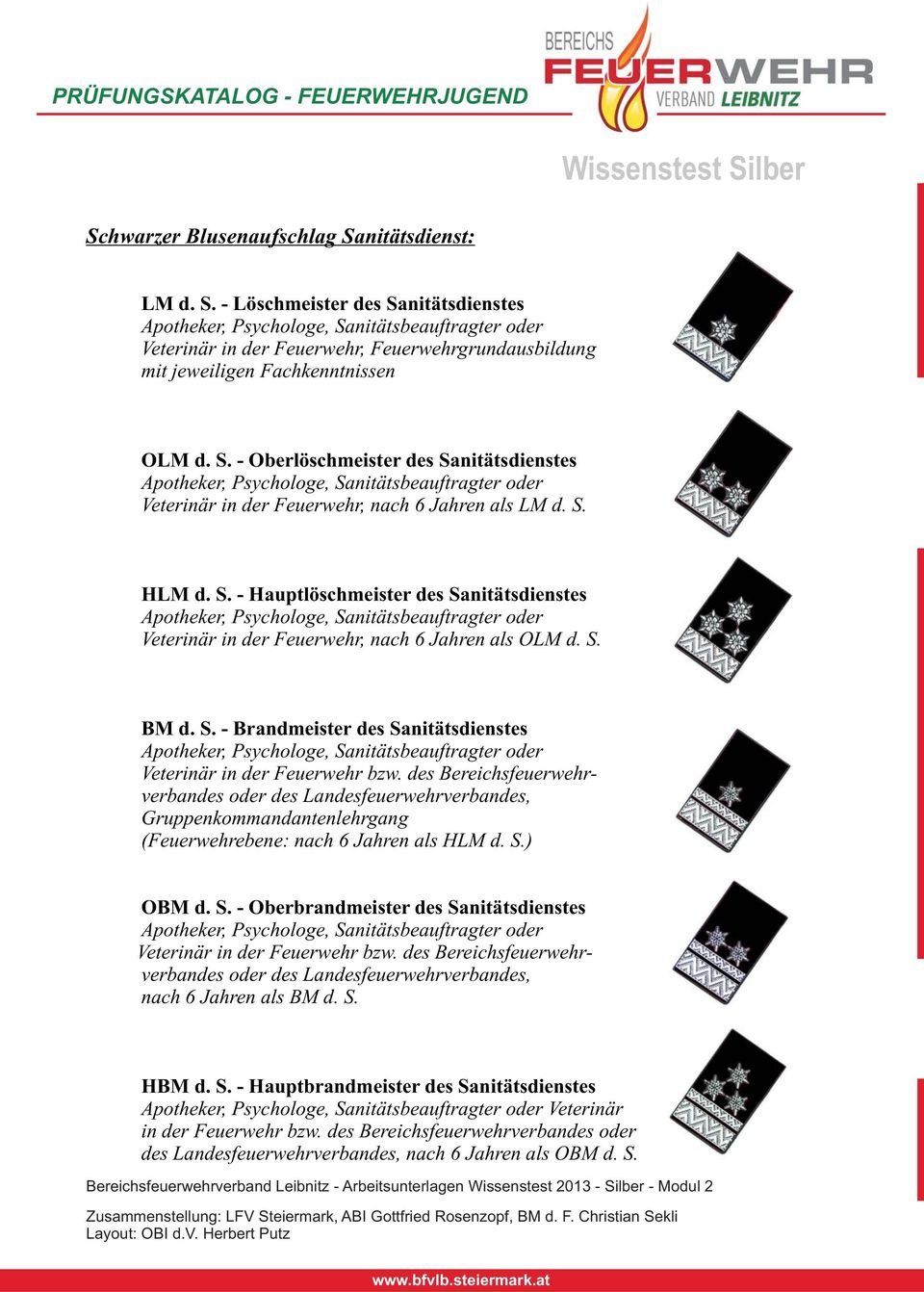 S. - Oberlöschmeister des Sanitätsdienstes Apotheker, Psychologe, Sanitätsbeauftragter oder Veterinär in der Feuerwehr, nach 6 Jahren als LM d. S. HLM d. S. - Hauptlöschmeister des Sanitätsdienstes Apotheker, Psychologe, Sanitätsbeauftragter oder Veterinär in der Feuerwehr, nach 6 Jahren als OLM d.