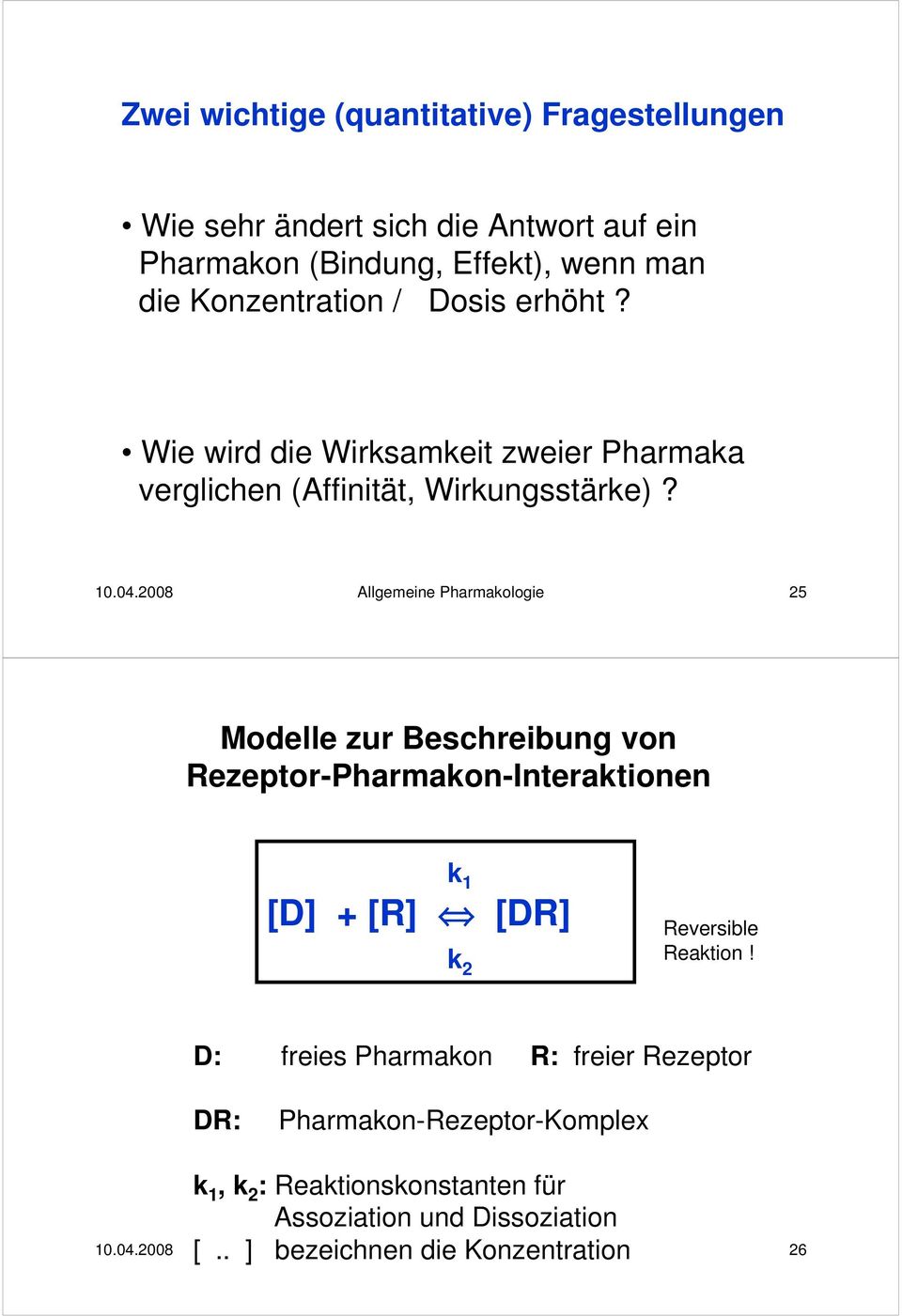 2008 Allgemeine Pharmakologie 25 Modelle zur Beschreibung von Rezeptor-Pharmakon-Interaktionen k 1 [D] + [R] [DR] k 2 Reversible Reaktion!